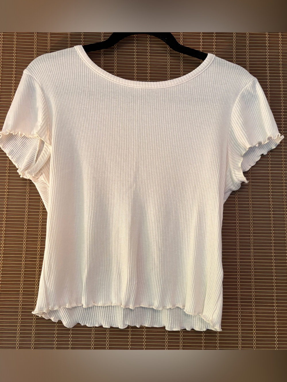 Altar'd State Cream Ribbed Lettuce-Edge Short Sleeve Top
